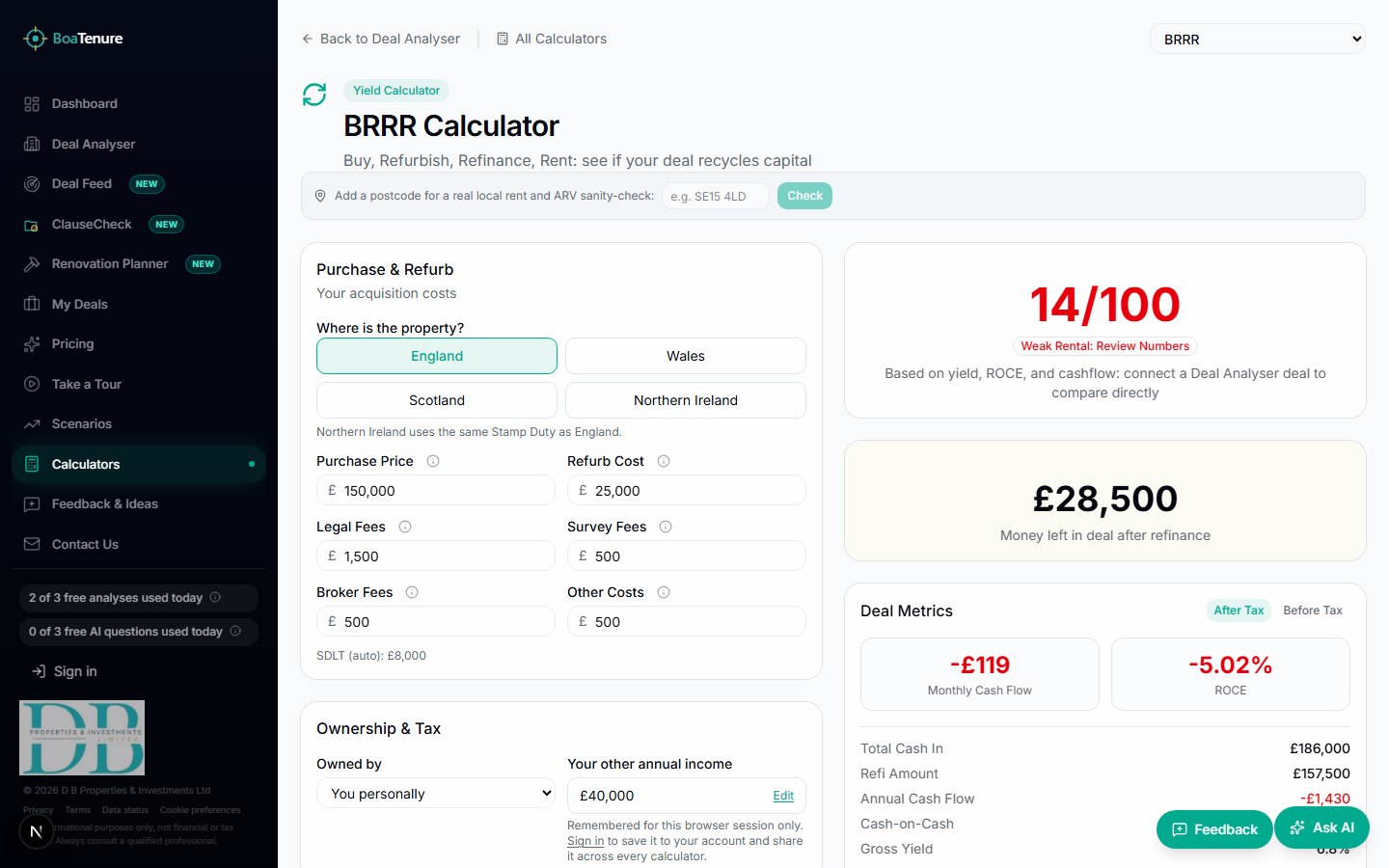 BoaTenure BRRR calculator