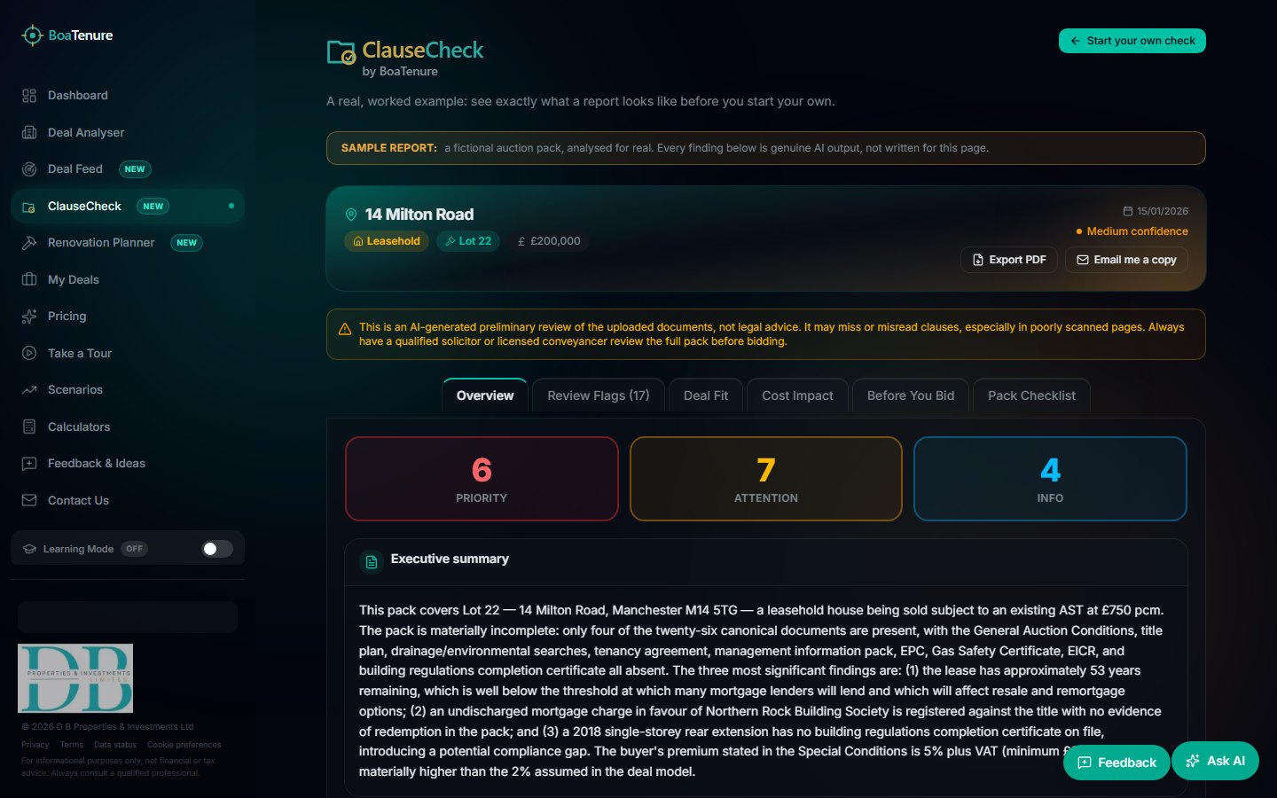 BoaTenure ClauseCheck report with cited legal findings and before-you-bid actions