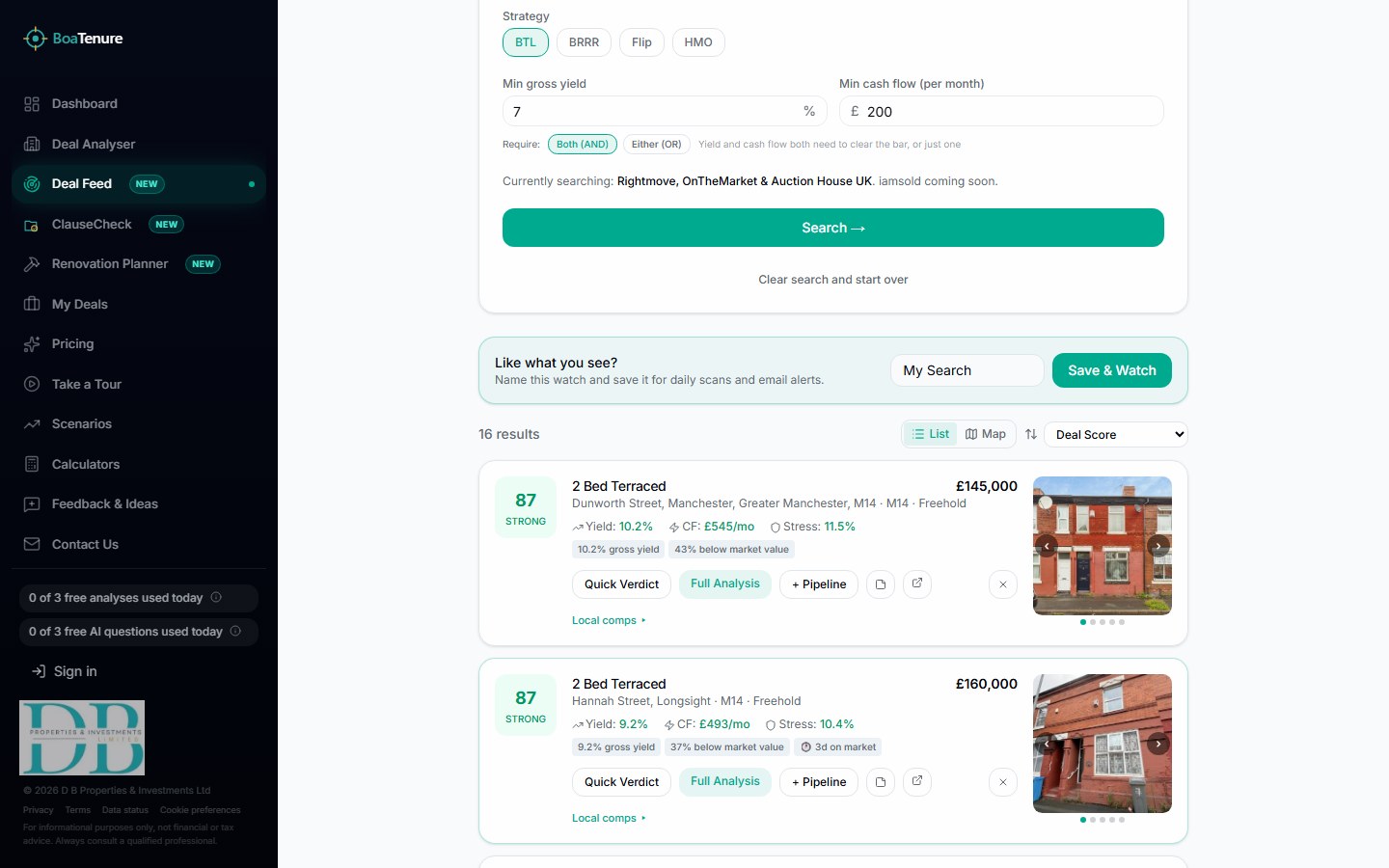 BoaTenure Deal Feed showing saved search controls, live sourced opportunities, investment scores and analysis actions