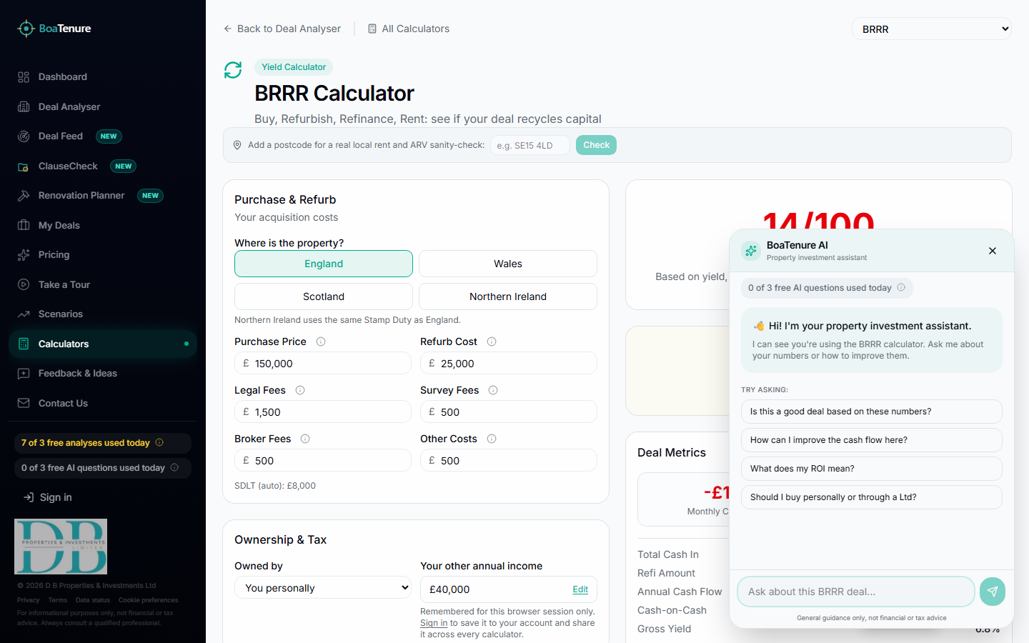 BoaTenure BRRR calculator with the page-aware Ask AI panel open and suggesting questions about the current calculation