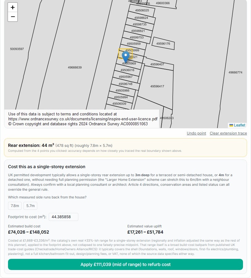 BoaTenure Plot and Land Size showing a traced rear extension against HM Land Registry title boundaries, with permitted development guidance and costed value uplift