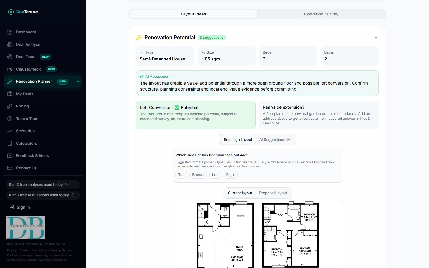 BoaTenure renovation planner with floorplan-based layout ideas and cost impact
