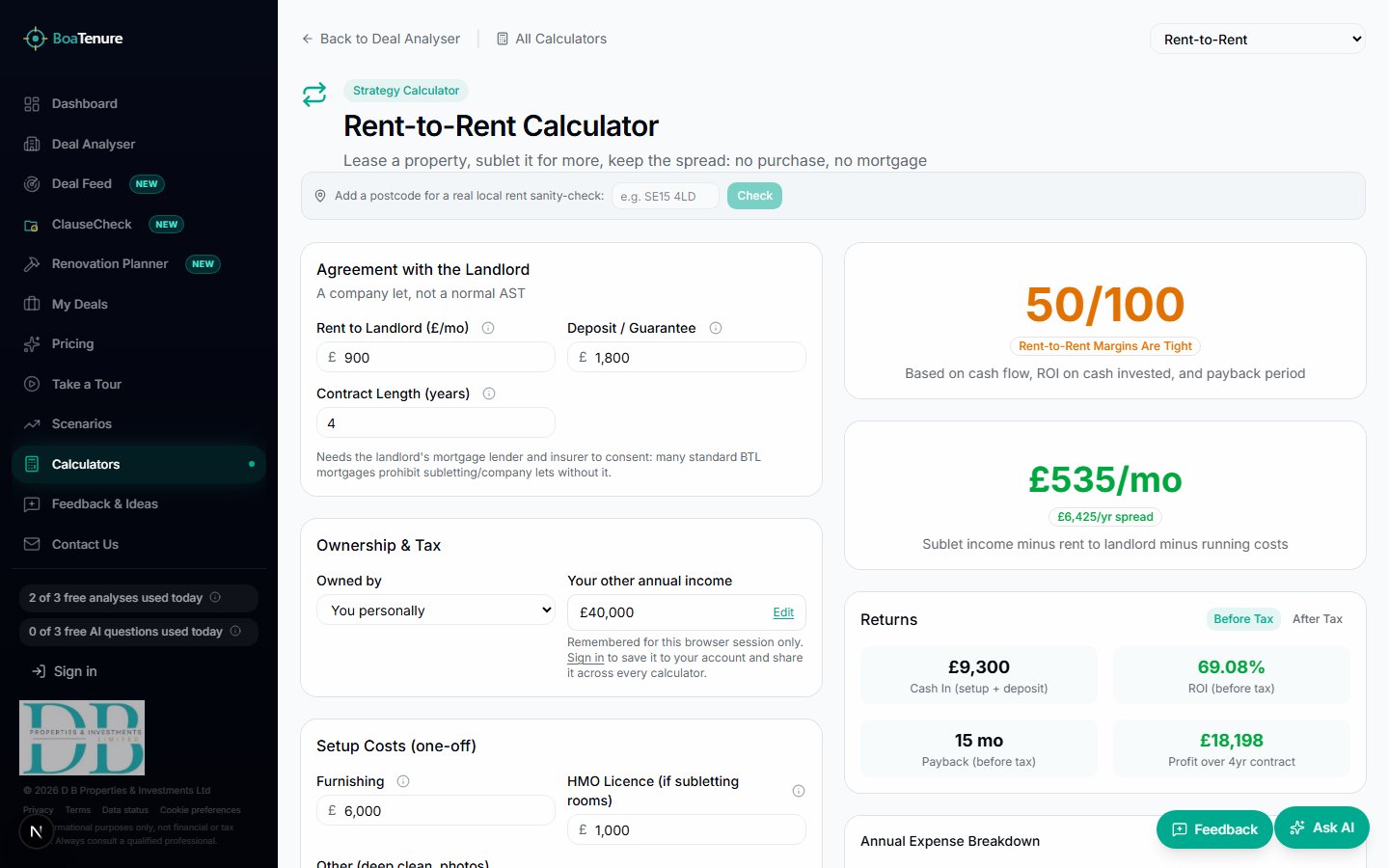 BoaTenure Rent-to-Rent calculator
