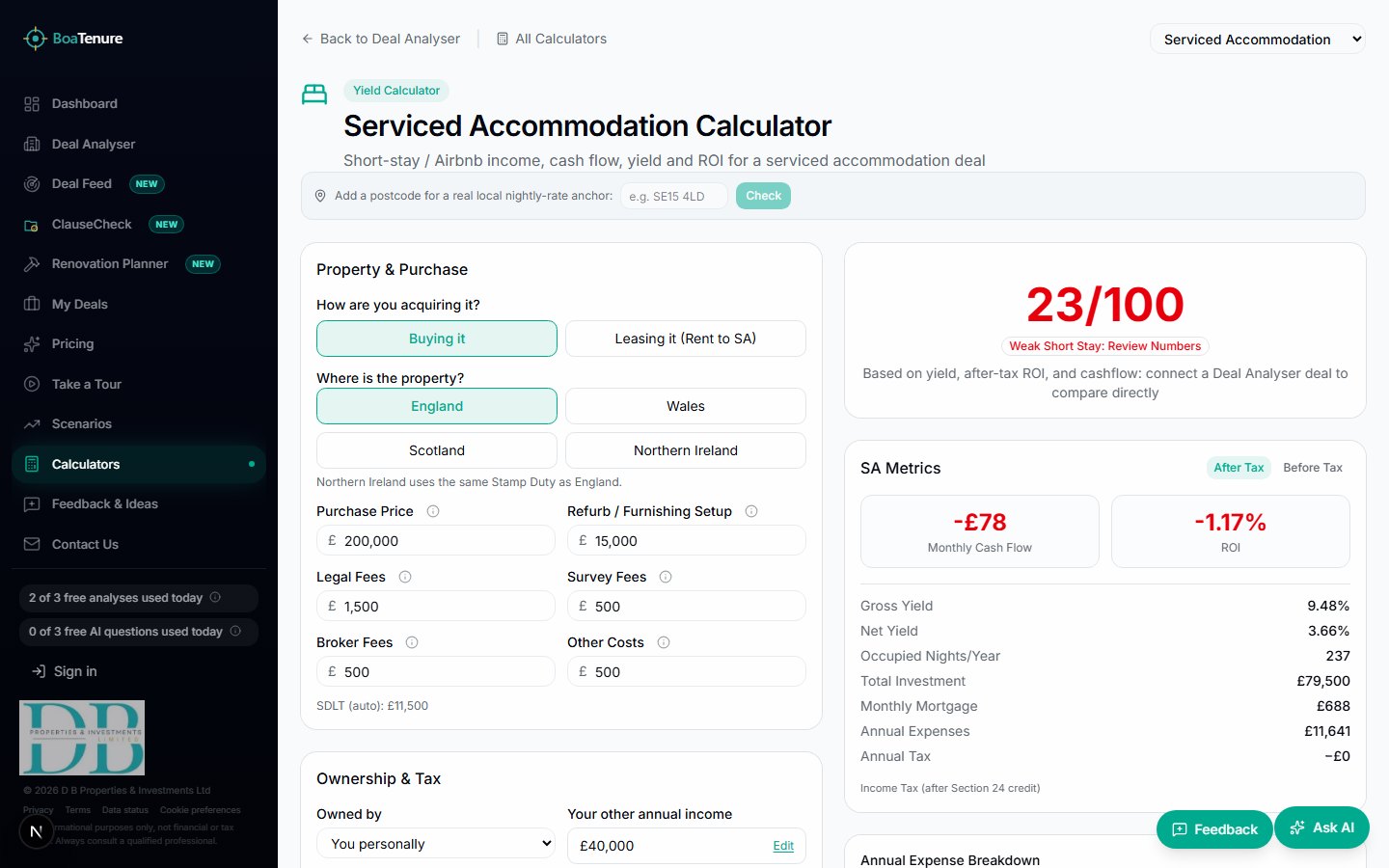 BoaTenure Serviced Accommodation calculator