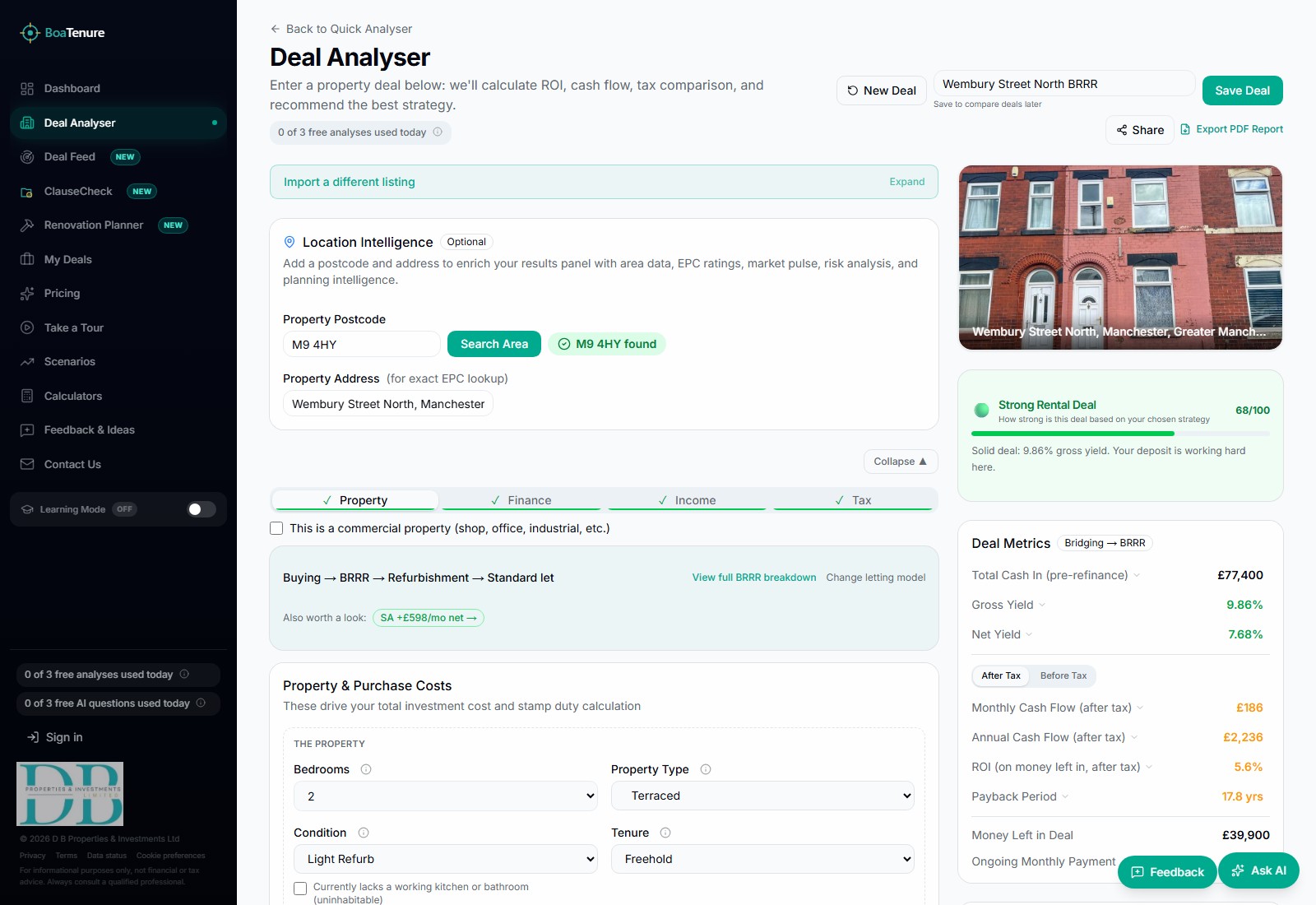 BoaTenure BRRR Deal Analyser showing a real listing, refinance, cash flow, tax and strategy results