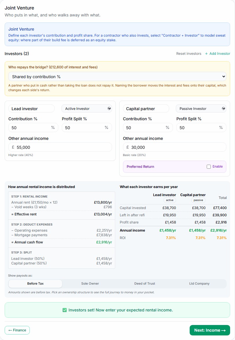 BoaTenure joint-venture model for the real listing showing two investors, 50-50 contributions, profit splits and individual returns